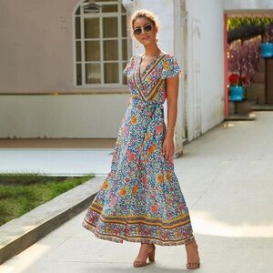 Summer Beach Dresses Women Boho V-neck Floral Maxi Dress Casual Long Seaside